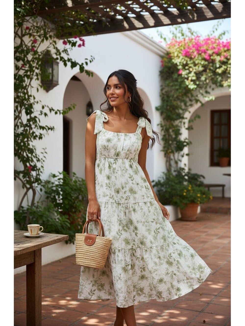 Green Floral Sleeveless Maxi Dress with Ruffled Detail